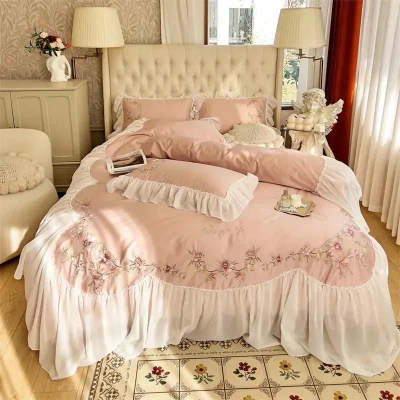 Beige pink lace embroidery bedding set – bedroom floral duvet cover