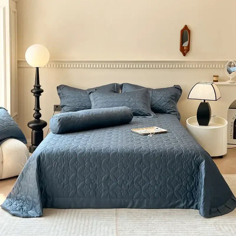 Beige quilted floral eucalyptus fiber bedspread bedroom ruffled cover