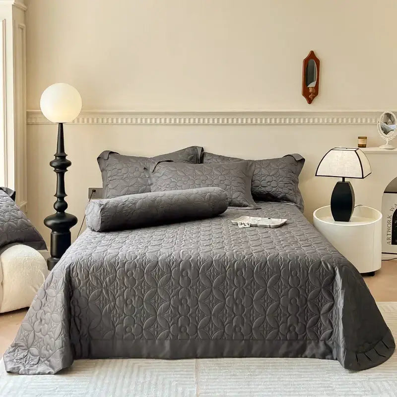 Beige quilted floral eucalyptus fiber bedspread bedroom ruffled cover