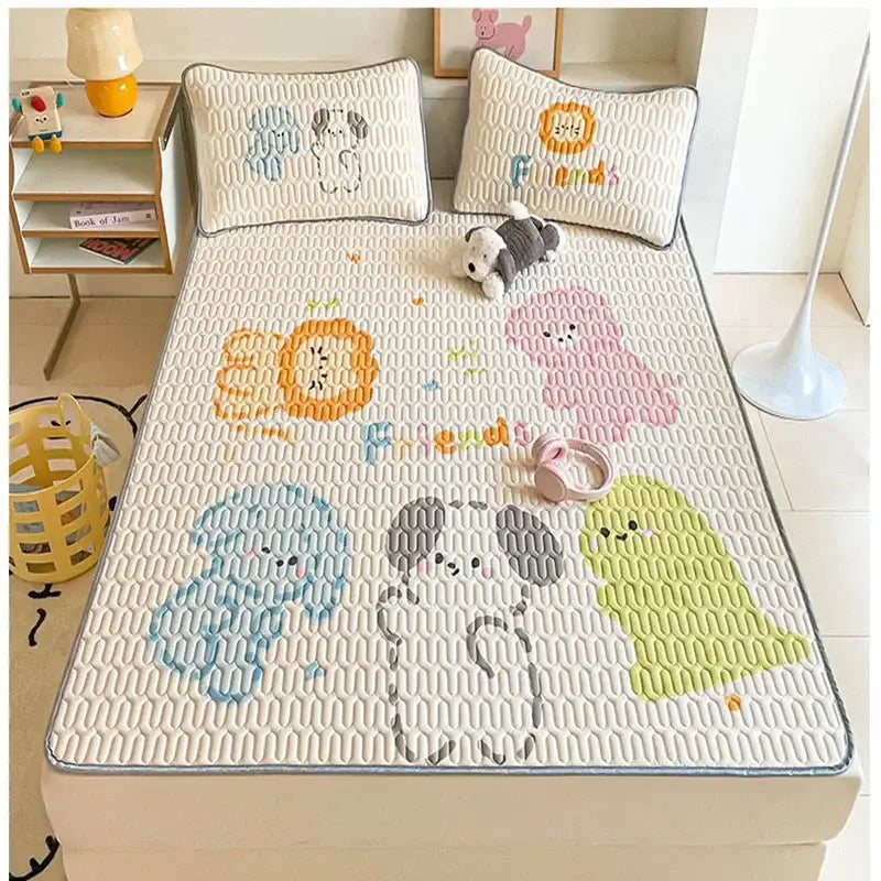 Beige & red cartoon pattern latex mattress bedroom quilted bed sheets