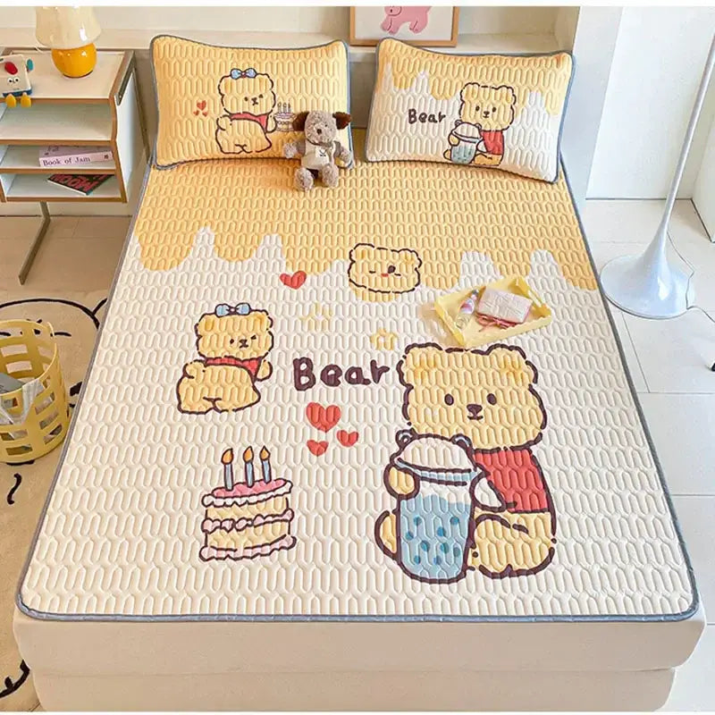 Beige & red cartoon pattern latex mattress bedroom quilted bed sheets