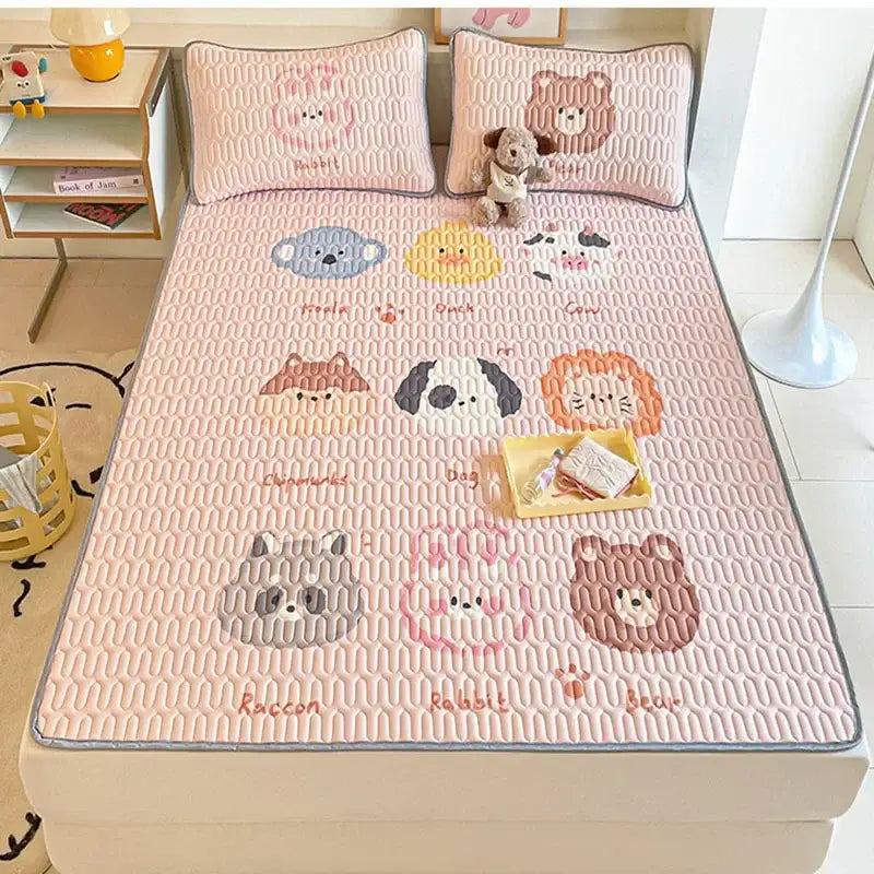 Beige & red cartoon pattern latex mattress bedroom quilted bed sheets