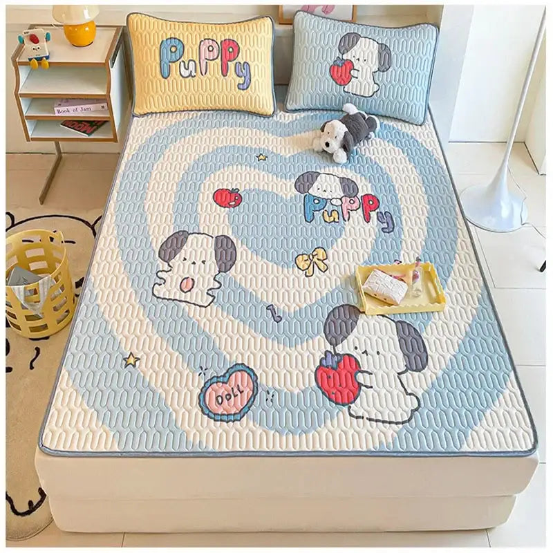 Beige & red cartoon pattern latex mattress bedroom quilted bed sheets