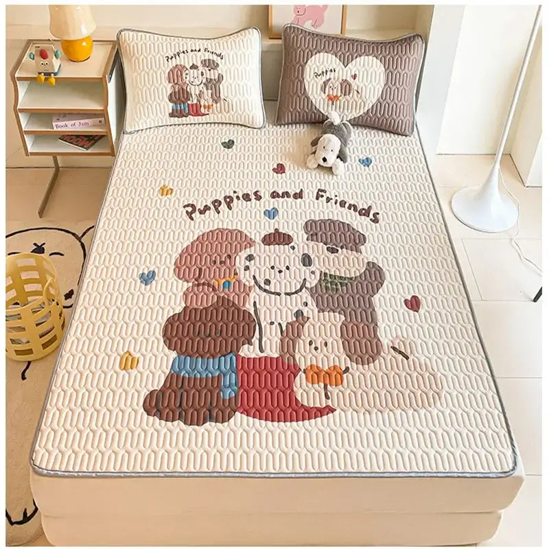 Beige & red cartoon pattern latex mattress bedroom quilted bed sheets