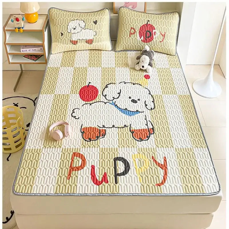 Beige & red cartoon pattern latex mattress bedroom quilted bed sheets