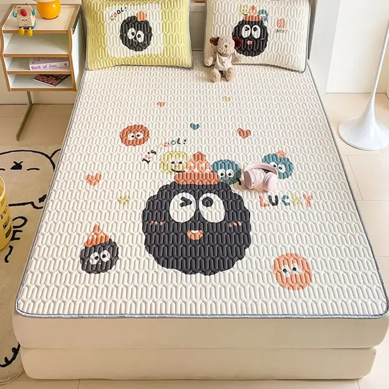 Beige & red cartoon pattern latex mattress bedroom quilted bed sheets