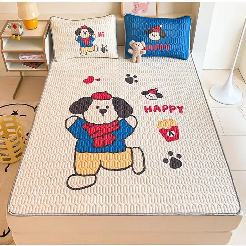 Beige & red cartoon pattern latex mattress bedroom quilted bed sheets