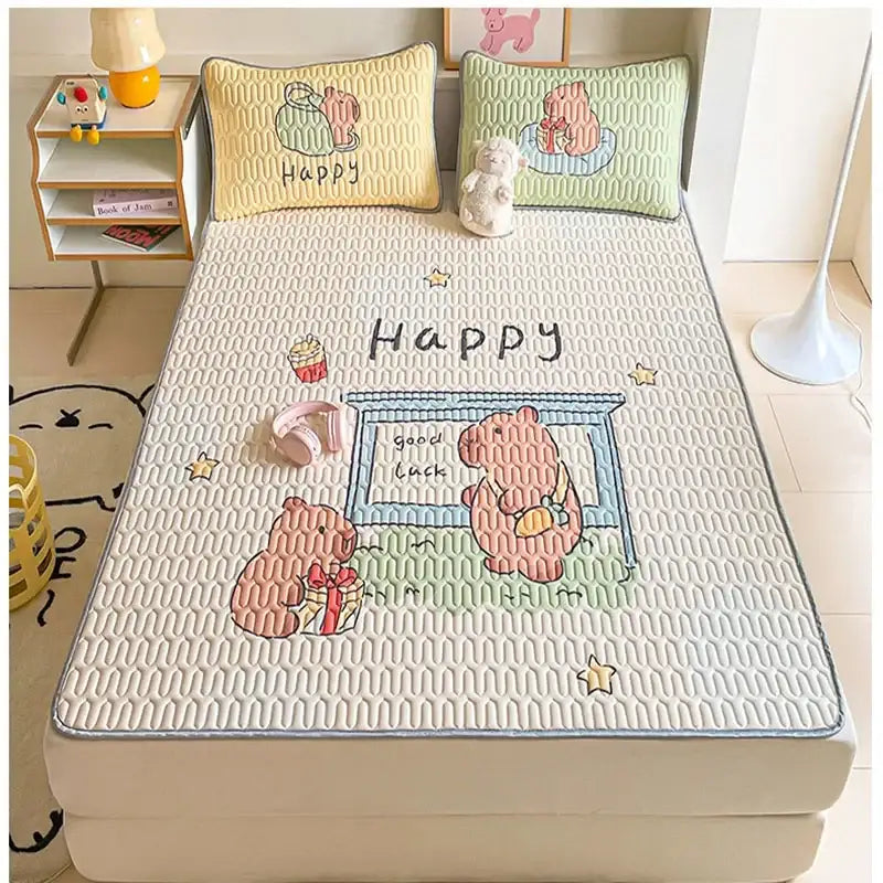 Beige & red cartoon pattern latex mattress bedroom quilted bed sheets
