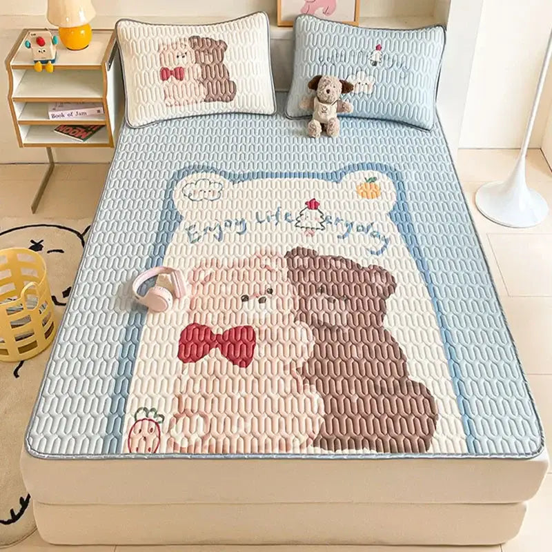 Beige & red cartoon pattern latex mattress bedroom quilted bed sheets