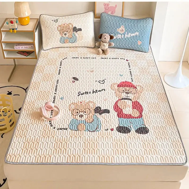 Beige & red cartoon pattern latex mattress bedroom quilted bed sheets