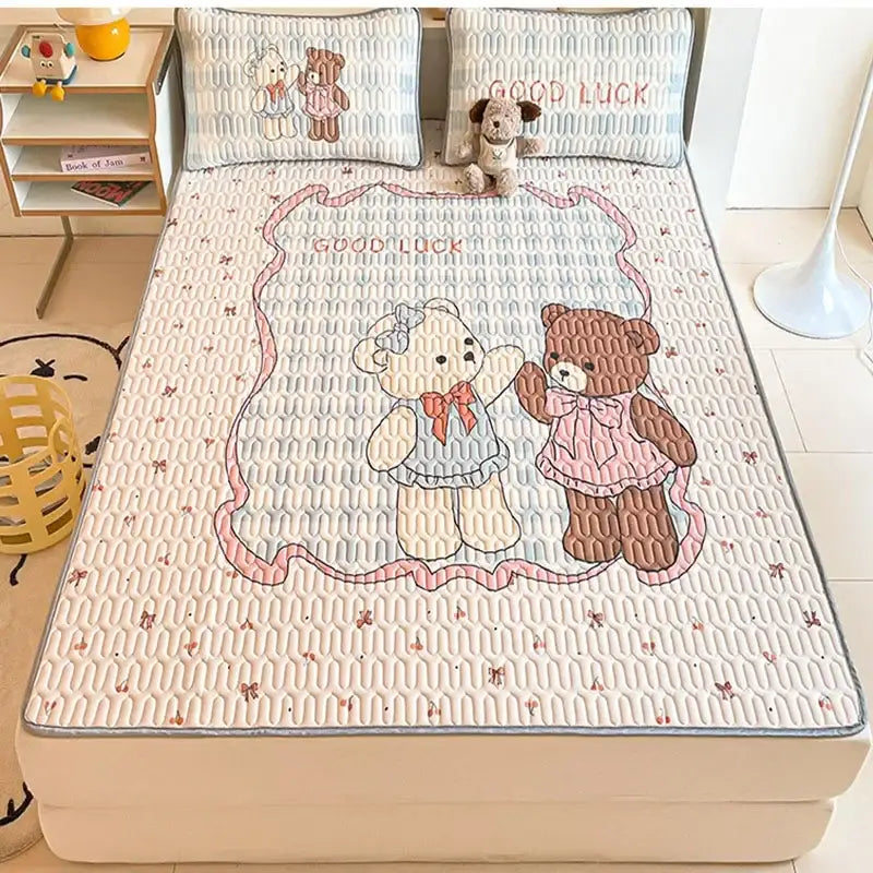 Beige & red cartoon pattern latex mattress bedroom quilted bed sheets