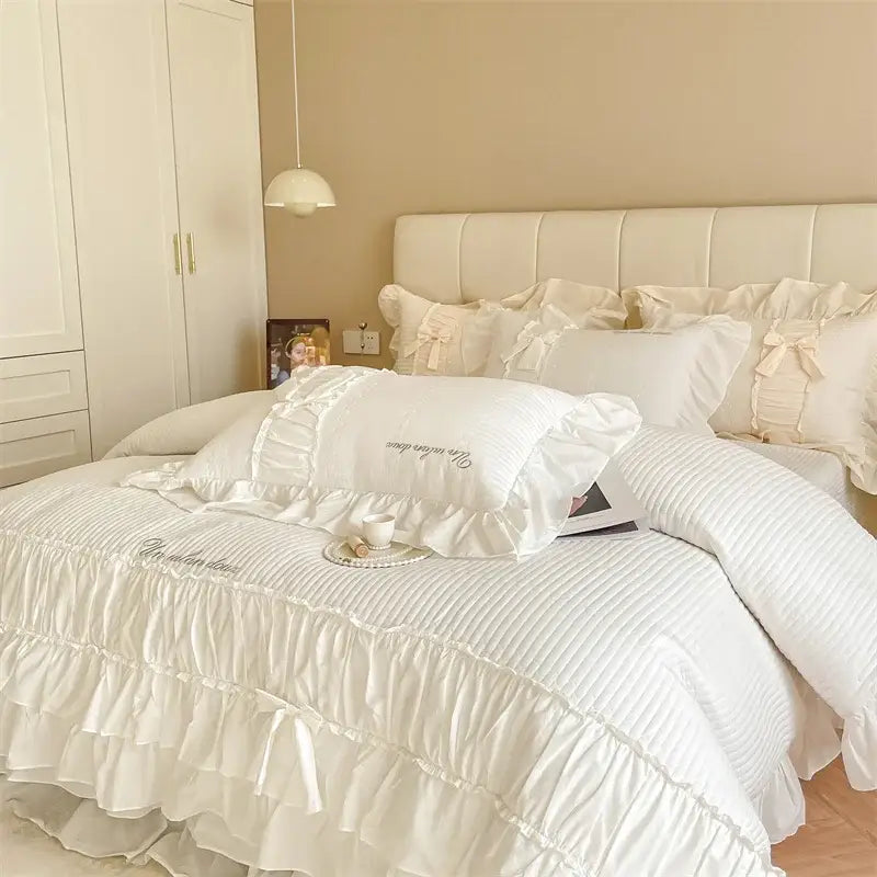 Beige ruffled cake layers cotton duvet set bedroom quilted bedding