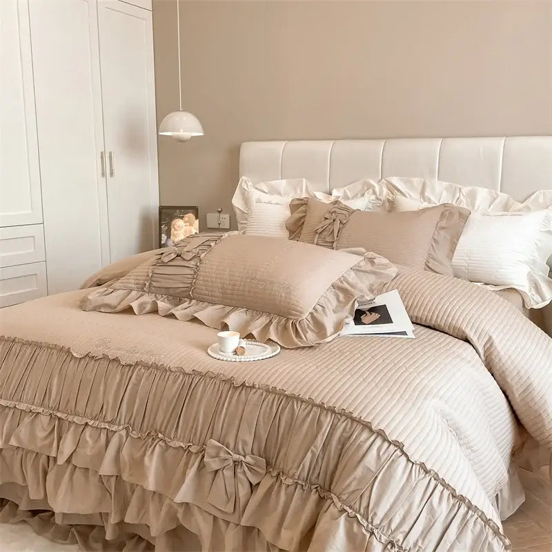 Beige ruffled cake layers cotton duvet set bedroom quilted bedding