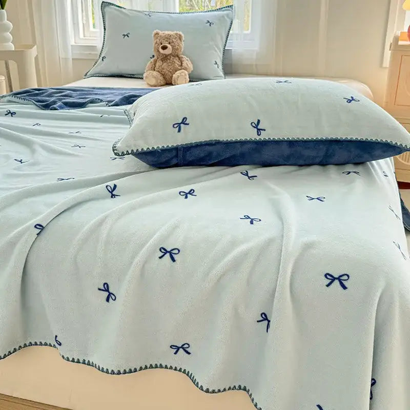 Beige scalloped cozy coral fleece blanket bedroom bow decor