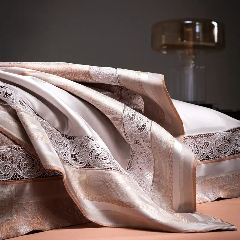 Beige & silver damask jacquard egyptian cotton bedding set bedroom