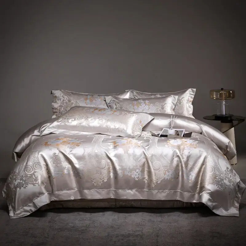 Beige & silver damask jacquard egyptian cotton bedding set bedroom