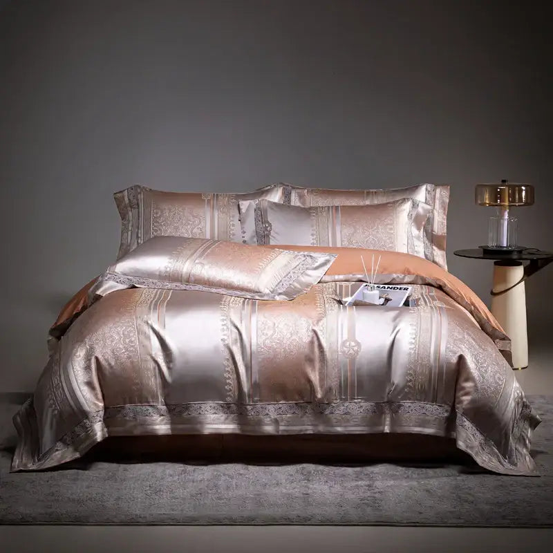 Beige & silver damask jacquard egyptian cotton bedding set bedroom