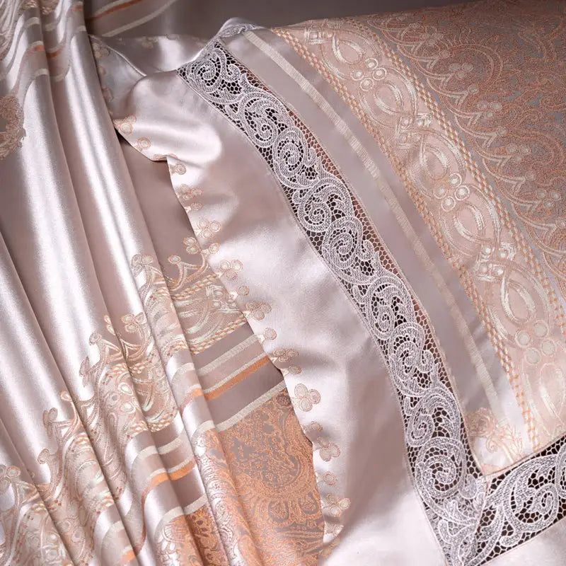 Beige & silver damask jacquard egyptian cotton bedding set bedroom