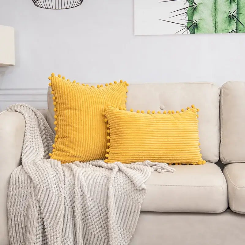 Beige striped corduroy cushion cover with pom poms living room lumbar