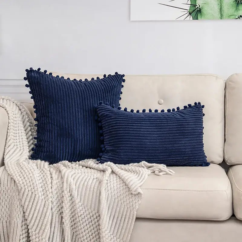 Beige striped corduroy cushion cover with pom poms living room lumbar