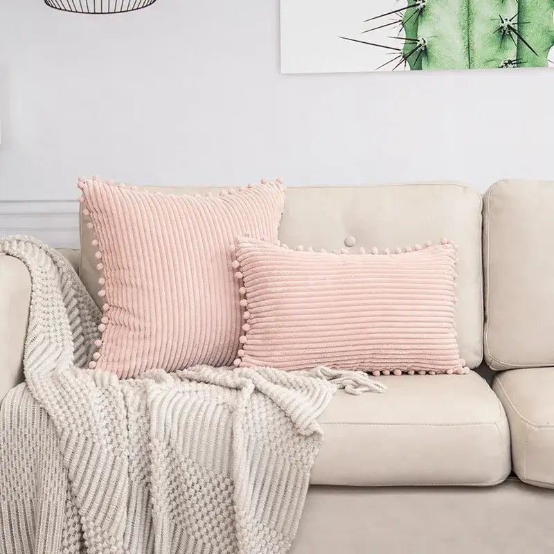 Beige striped corduroy cushion cover with pom poms living room lumbar