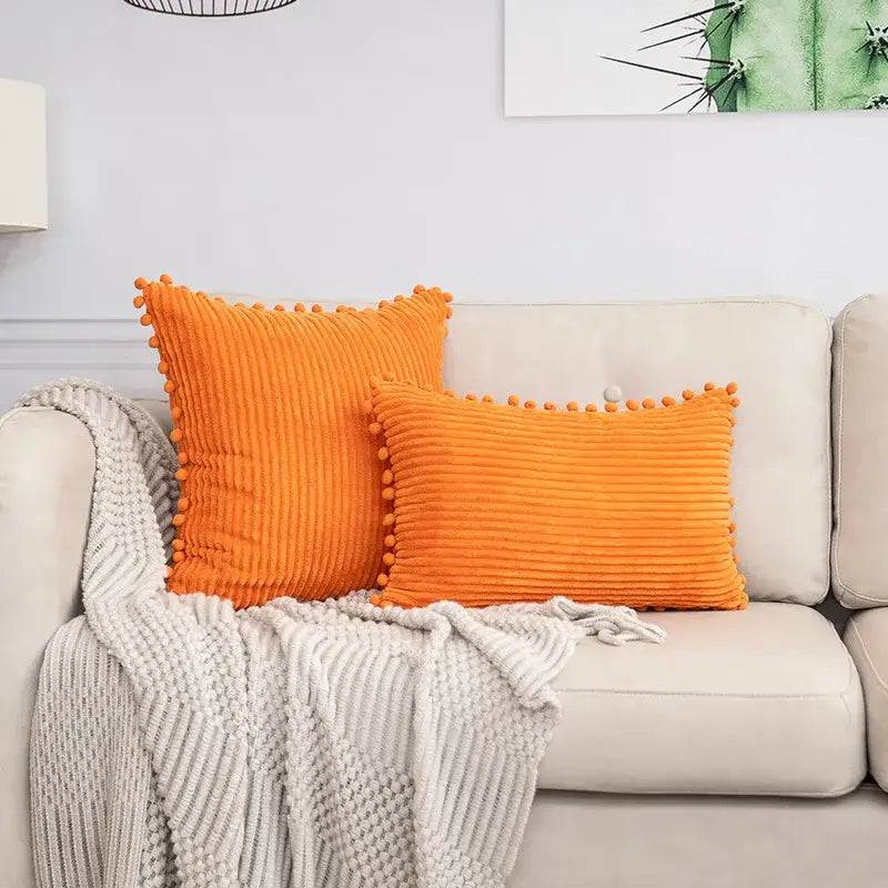 Beige striped corduroy cushion cover with pom poms living room lumbar