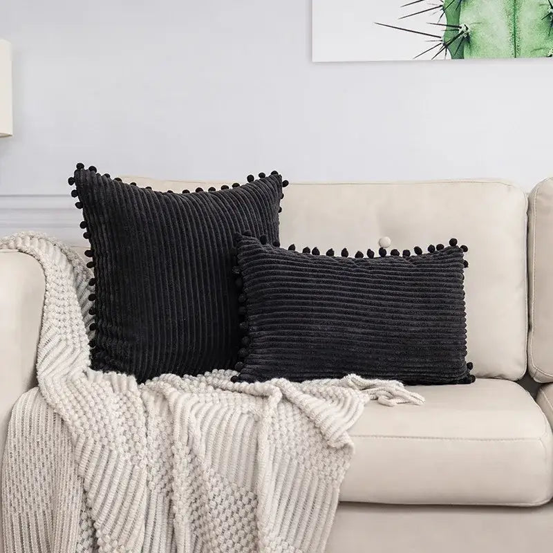 Beige striped corduroy cushion cover with pom poms living room lumbar