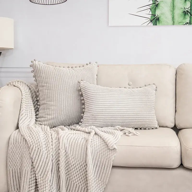 Beige striped corduroy cushion cover with pom poms living room lumbar