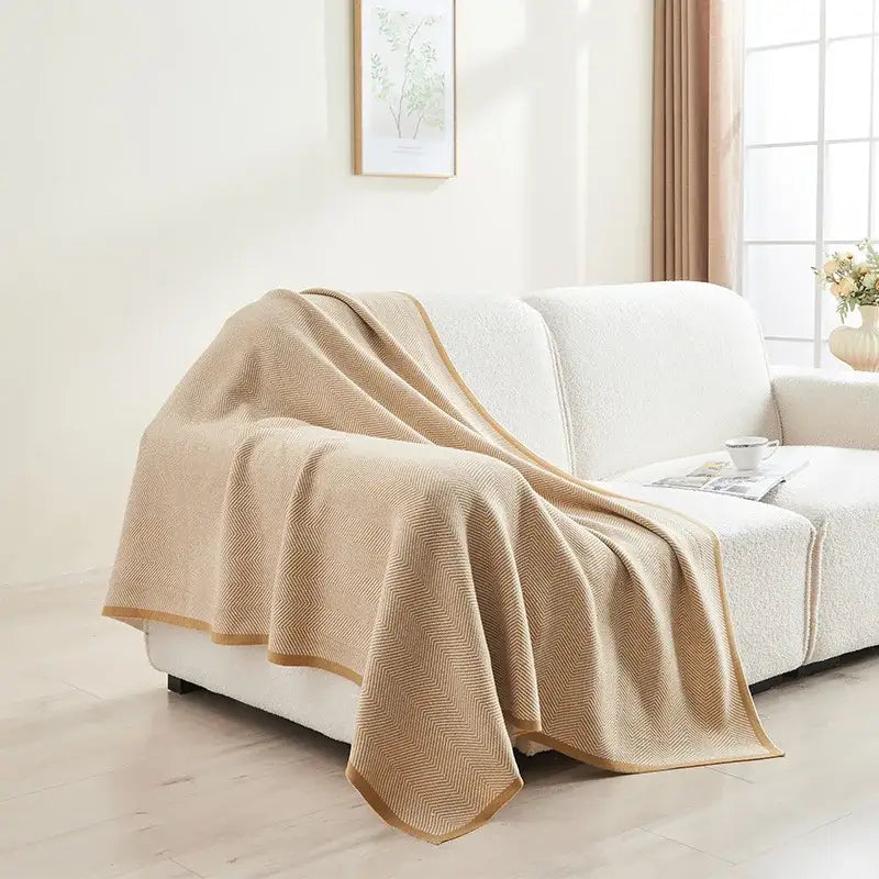 Beige & tan herringbone knit blanket living room sofa throw