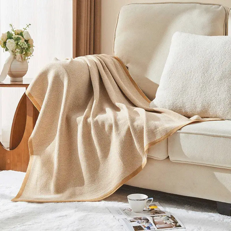 Beige & tan herringbone knit blanket living room sofa throw