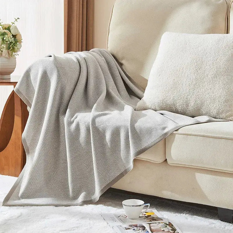 Beige & tan herringbone knit blanket living room sofa throw