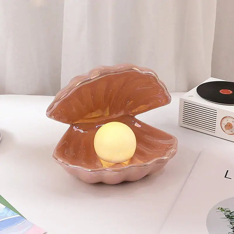 Beige & terracotta ceramic shell pearl night light bedroom lamp