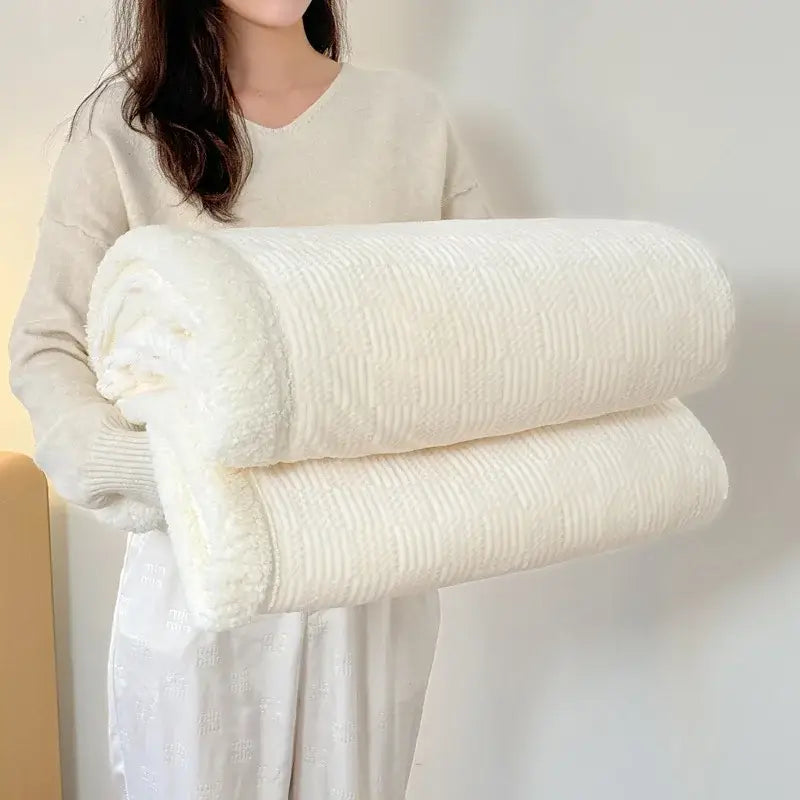 Beige textured cozy lamb wool blanket – living room sherpa throw