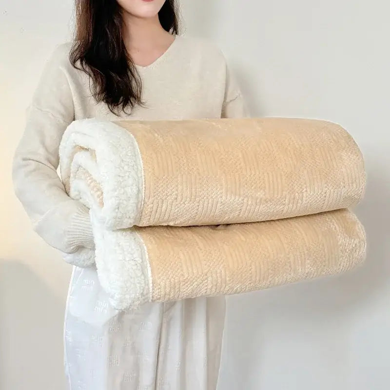 Beige textured cozy lamb wool blanket – living room sherpa throw