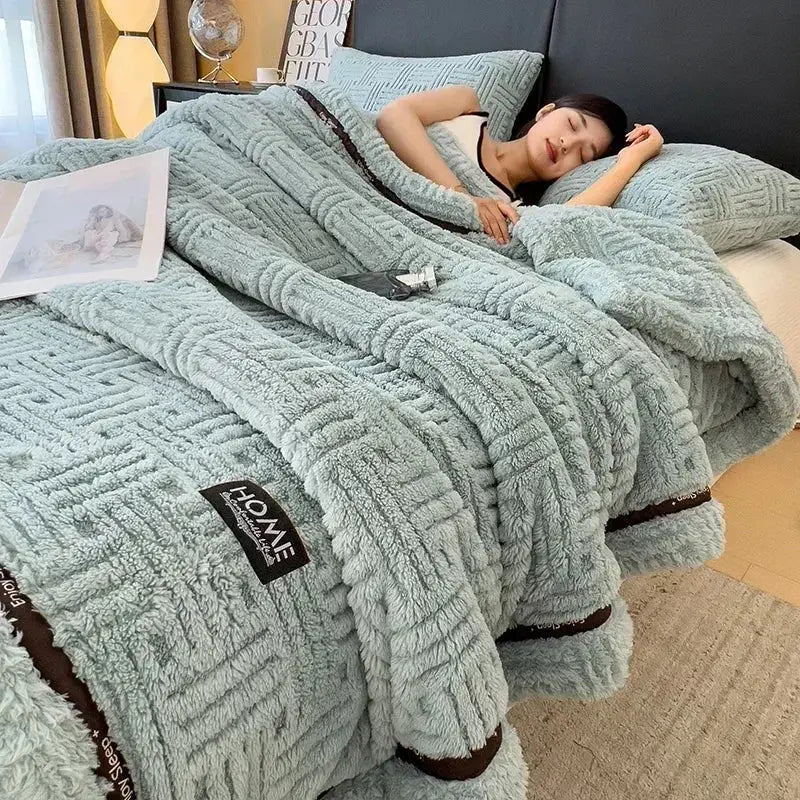 Beige textured fluffy fleece blanket bedroom cozy throw with trim
