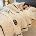 Beige textured fluffy fleece blanket bedroom cozy throw with trim