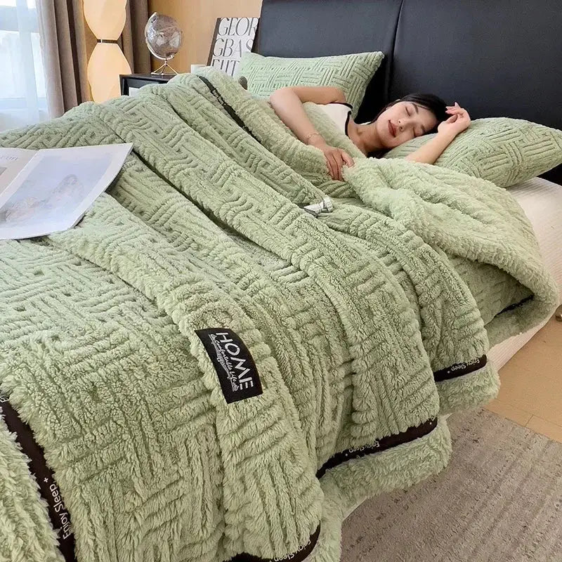 Beige textured fluffy fleece blanket bedroom cozy throw with trim
