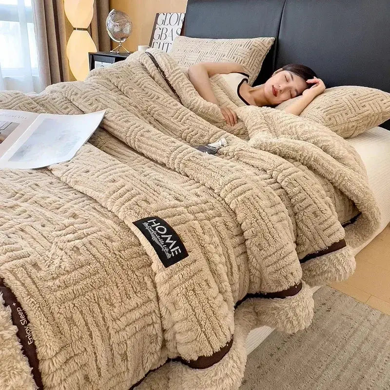 Beige textured fluffy fleece blanket bedroom cozy throw with trim