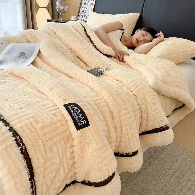 Beige textured fluffy fleece blanket bedroom cozy throw with trim