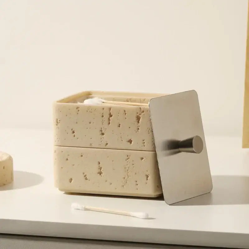 Beige textured natural stone double decker jewelry organizer bathroom