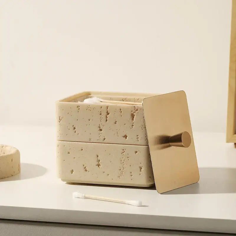 Beige textured natural stone double decker jewelry organizer bathroom