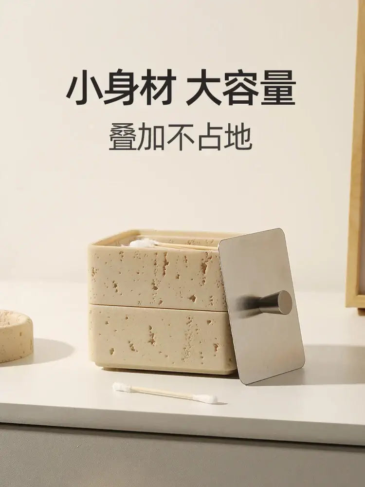 Beige textured natural stone double decker jewelry organizer bathroom