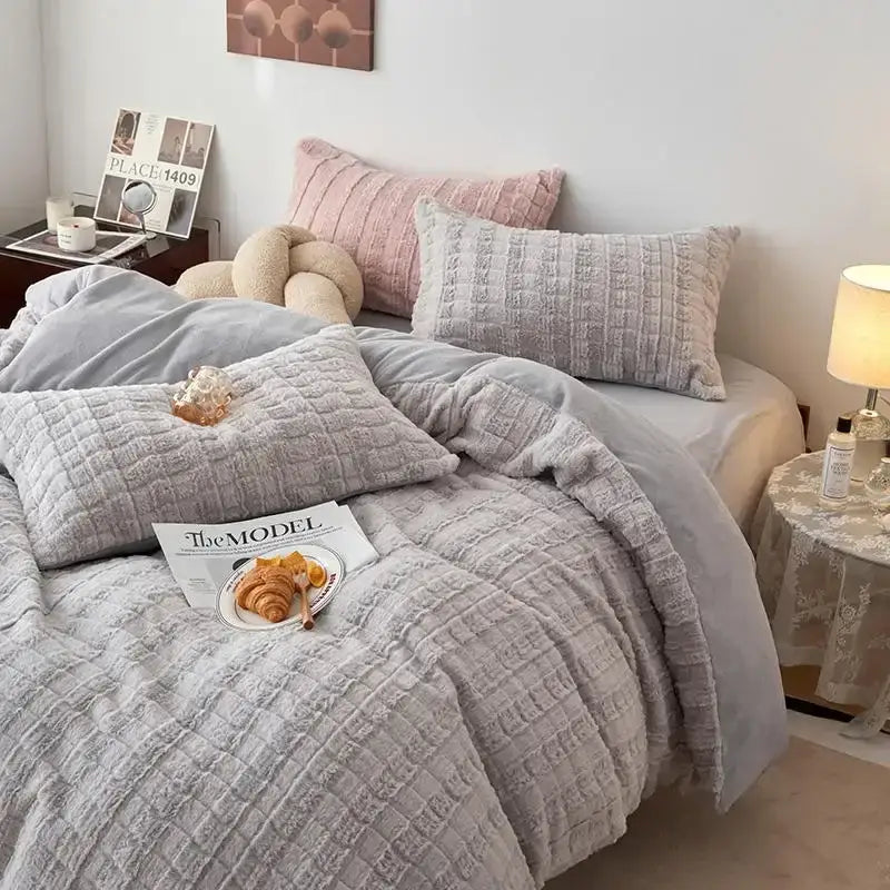Beige textured quilted rabbit velvet bedding set – bedroom comfort