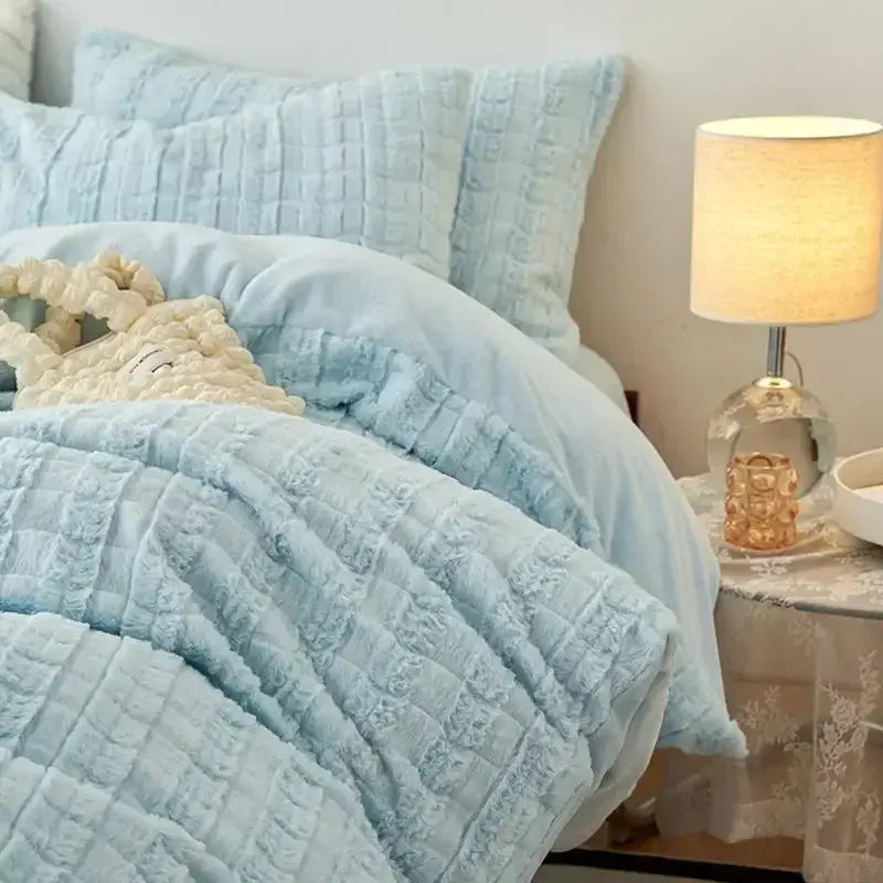 Beige textured quilted rabbit velvet bedding set – bedroom comfort