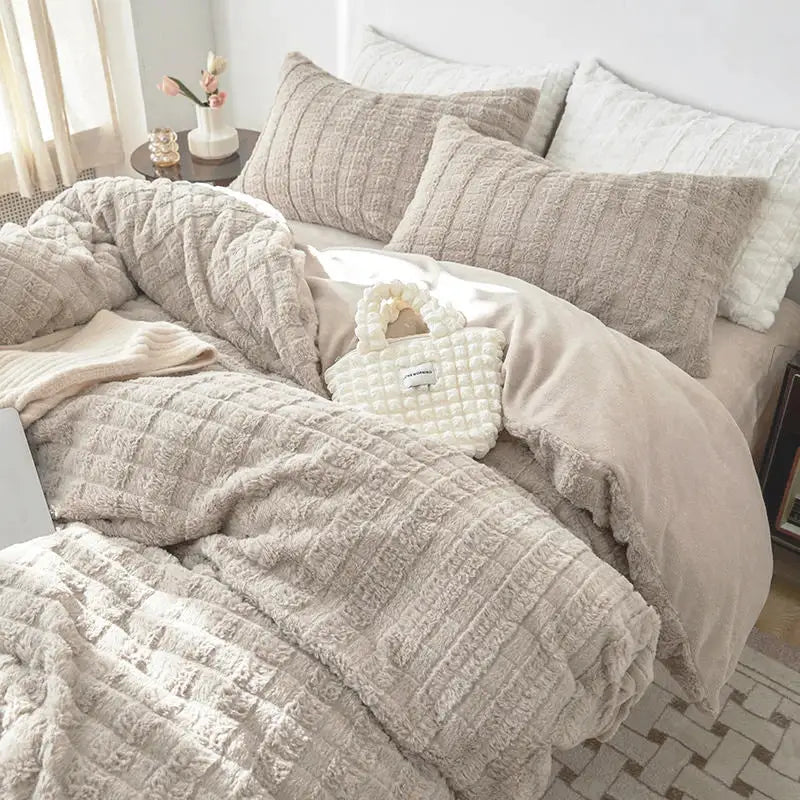 Beige textured quilted rabbit velvet bedding set – bedroom comfort