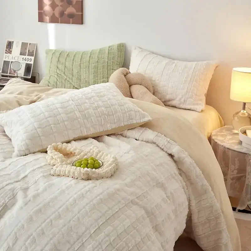 Beige textured quilted rabbit velvet bedding set – bedroom comfort
