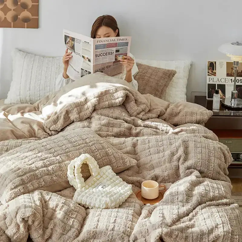 Beige textured quilted rabbit velvet bedding set – bedroom comfort