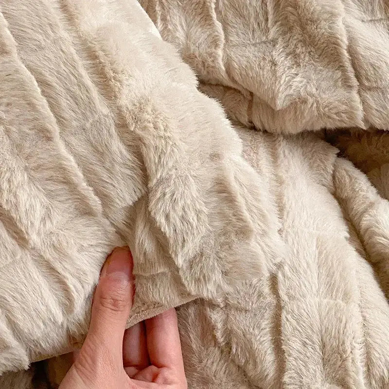 Beige textured quilted rabbit velvet bedding set – bedroom comfort