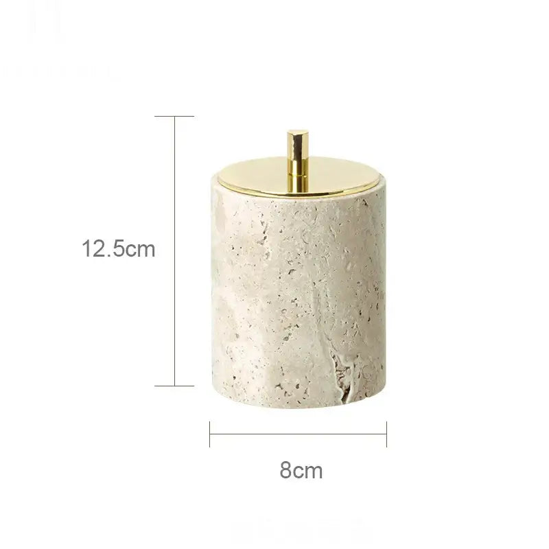 Beige travertine marble bathroom accessories set with tray