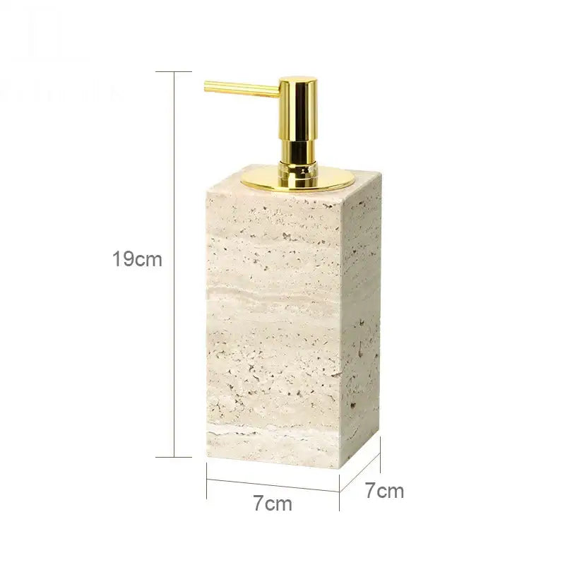 Beige travertine marble bathroom accessories set with tray